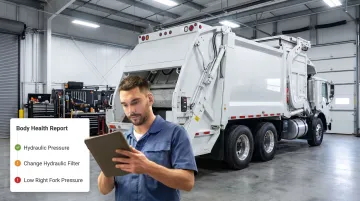 Fleet maintenance technician inspecting garbage truck engine diagnostics with tablet device