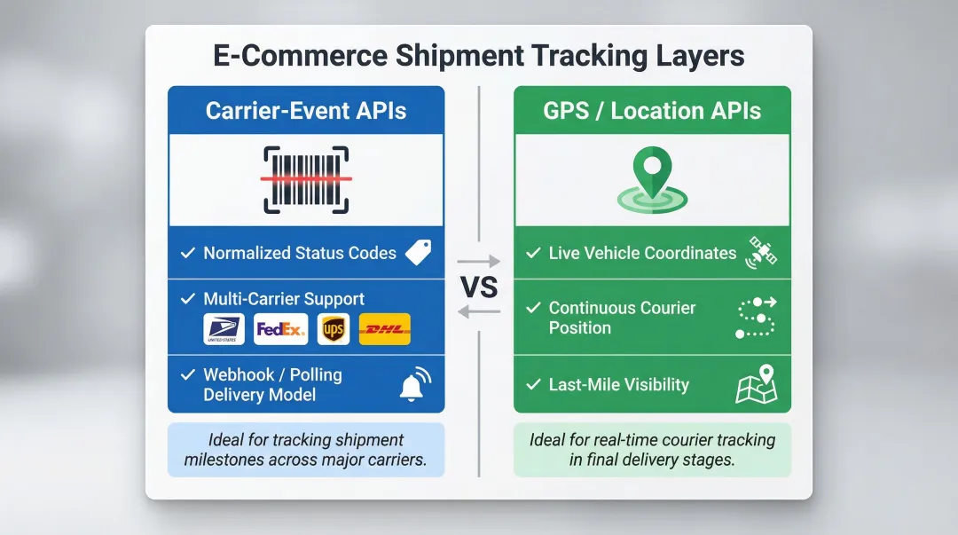 Carrier-event versus GPS location tracking API two-layer comparison infographic