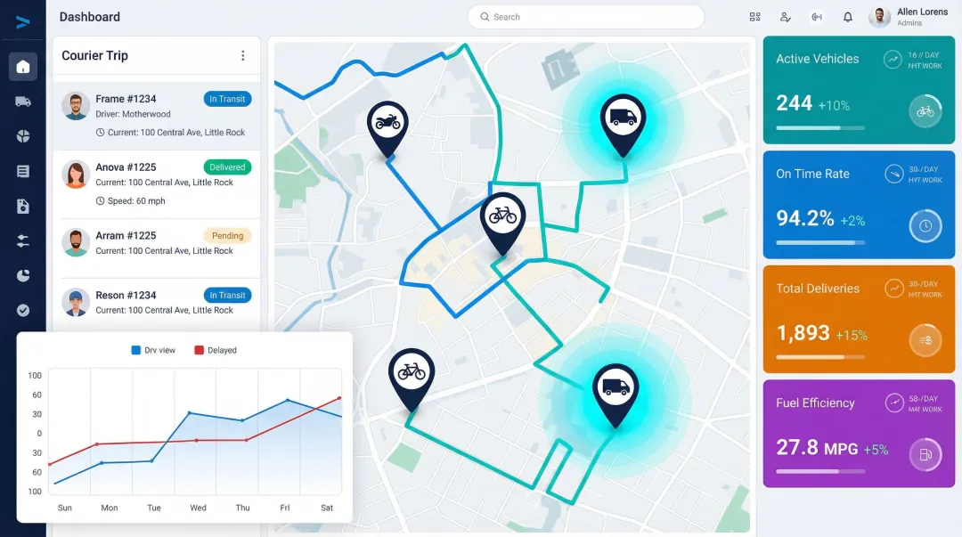 Real-time GPS fleet tracking dashboard displaying live courier locations on map
