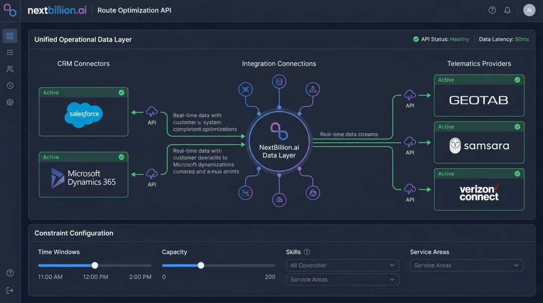 NextBillion.ai API integration dashboard connecting CRM systems and telematics providers
