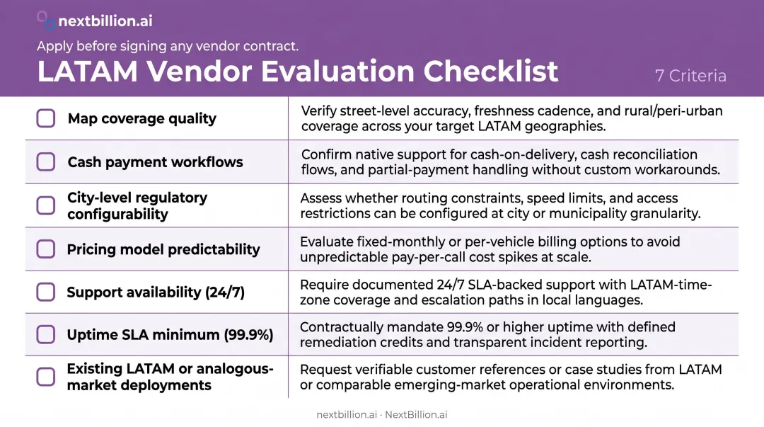 Seven-point vendor evaluation checklist for LATAM ride-hailing software selection
