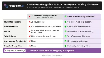 Consumer navigation API versus enterprise fleet routing platform feature comparison infographic