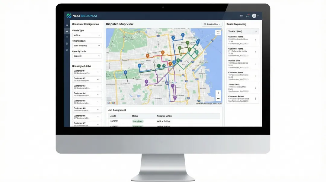 NextBillion.ai route optimization dashboard showing multi-stop dispatch and constraint configuration