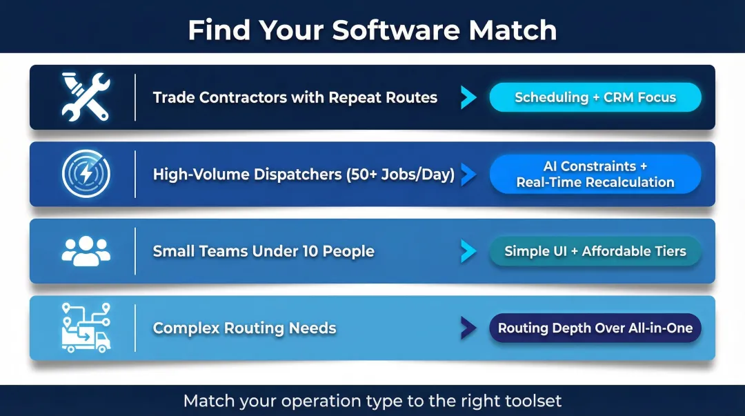 Contractor software selection decision framework matching business type to platform by operational need