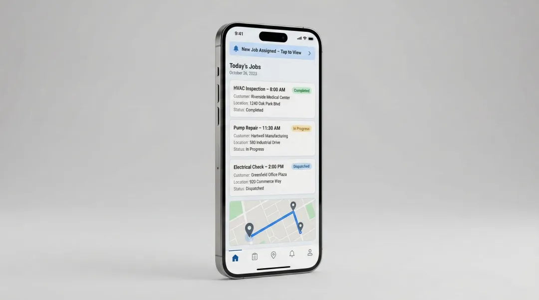 Mobile field service app showing technician dispatch board job scheduling and GPS tracking