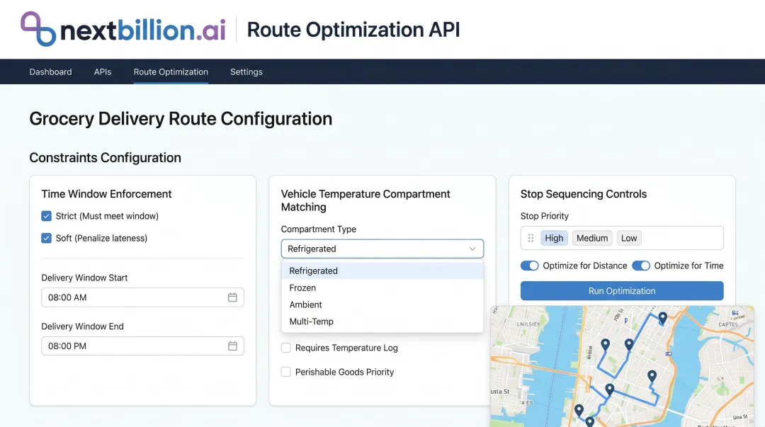 NextBillion.ai route optimization API dashboard showing grocery delivery constraint configuration