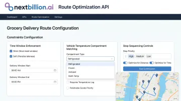 NextBillion.ai route optimization API dashboard showing grocery delivery constraint configuration