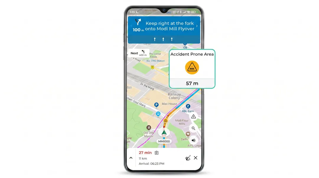 Mappls MapMyIndia navigation app showing Indian road routing and Mappls Pin interface