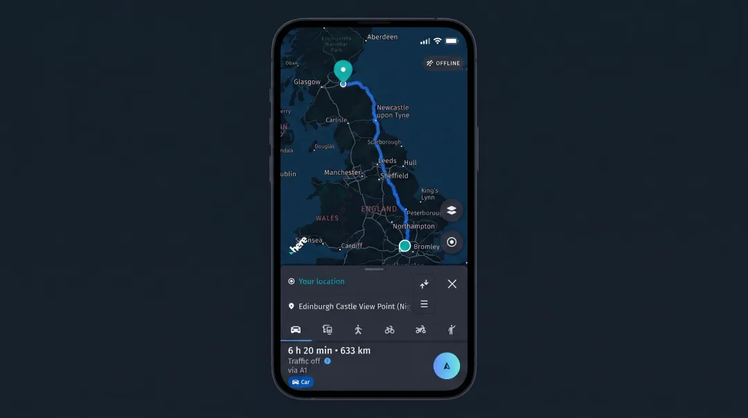 HERE WeGo navigation app interface showing offline maps and multi-modal routing options