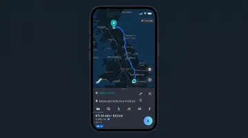 HERE WeGo navigation app interface showing offline maps and multi-modal routing options