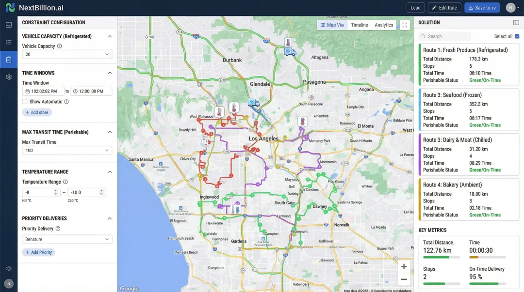 NextBillion.ai route optimization platform dashboard showing multi-stop delivery routes and constraints