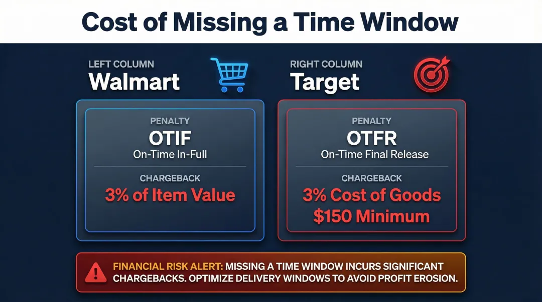 Walmart and Target OTIF penalty comparison chargeback rates for late deliveries