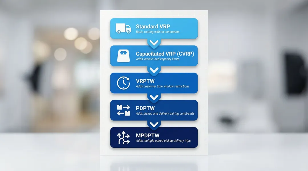VRP family hierarchy from standard VRP to MPDPTW five-level taxonomy