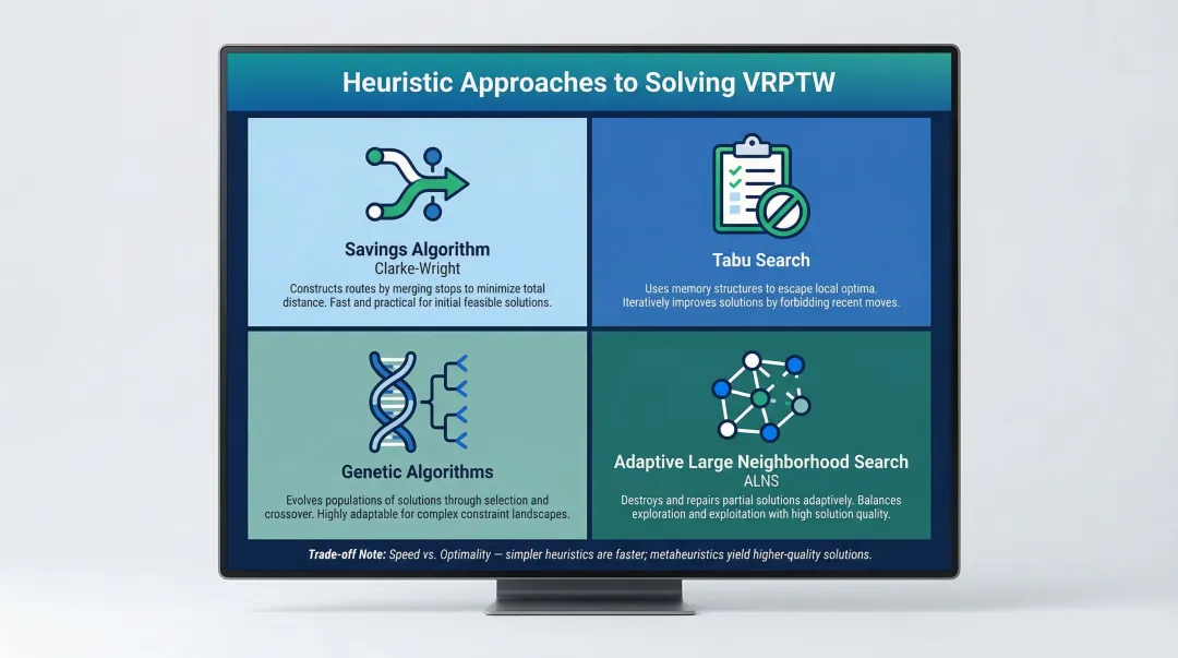 Four VRPTW metaheuristic algorithms comparison Clarke-Wright tabu search genetic ALNS