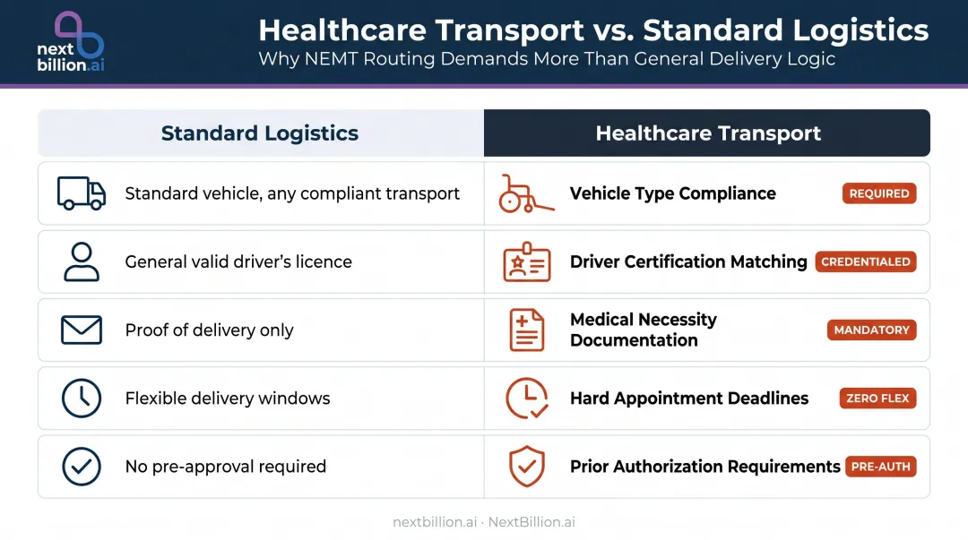 Five healthcare patient transport compliance requirements versus standard logistics comparison
