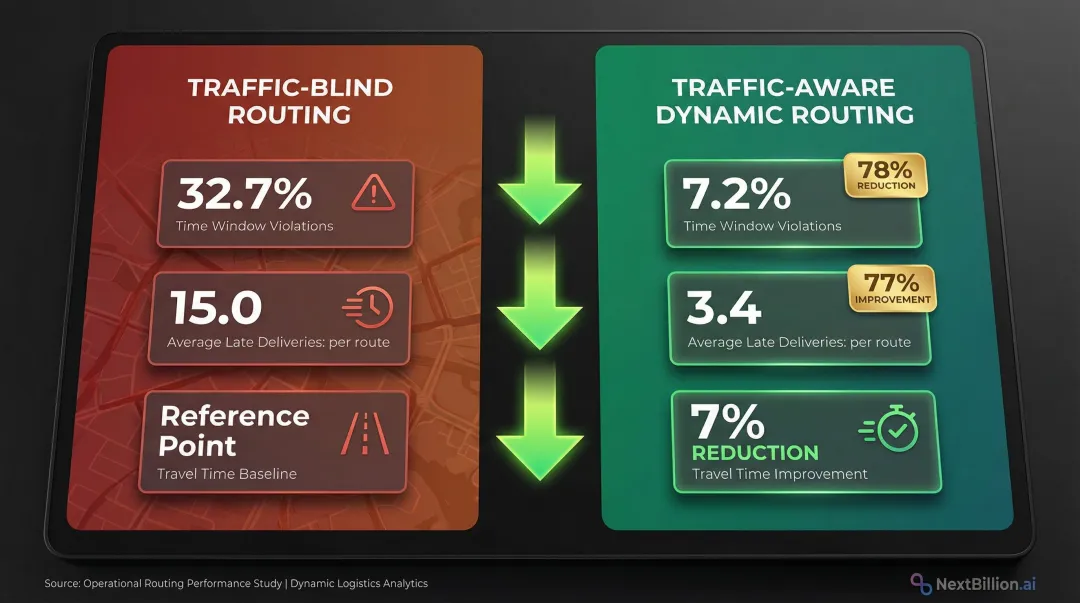 Traffic-aware dynamic routing impact metrics showing delivery violation rate reduction results