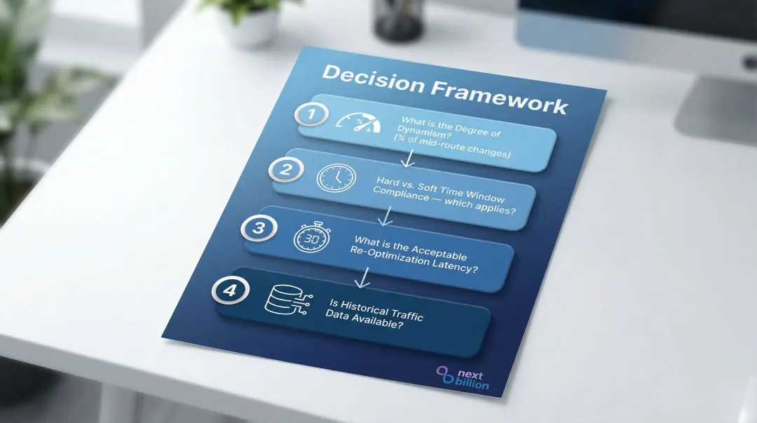 Four-question operational decision framework for selecting dynamic routing optimization approach