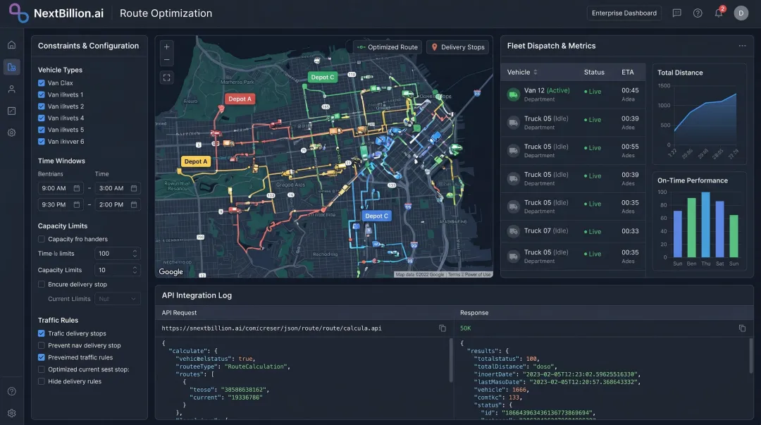NextBillion.ai route optimization API dashboard showing multi-depot fleet dispatch interface