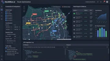 NextBillion.ai route optimization API dashboard showing multi-depot fleet dispatch interface
