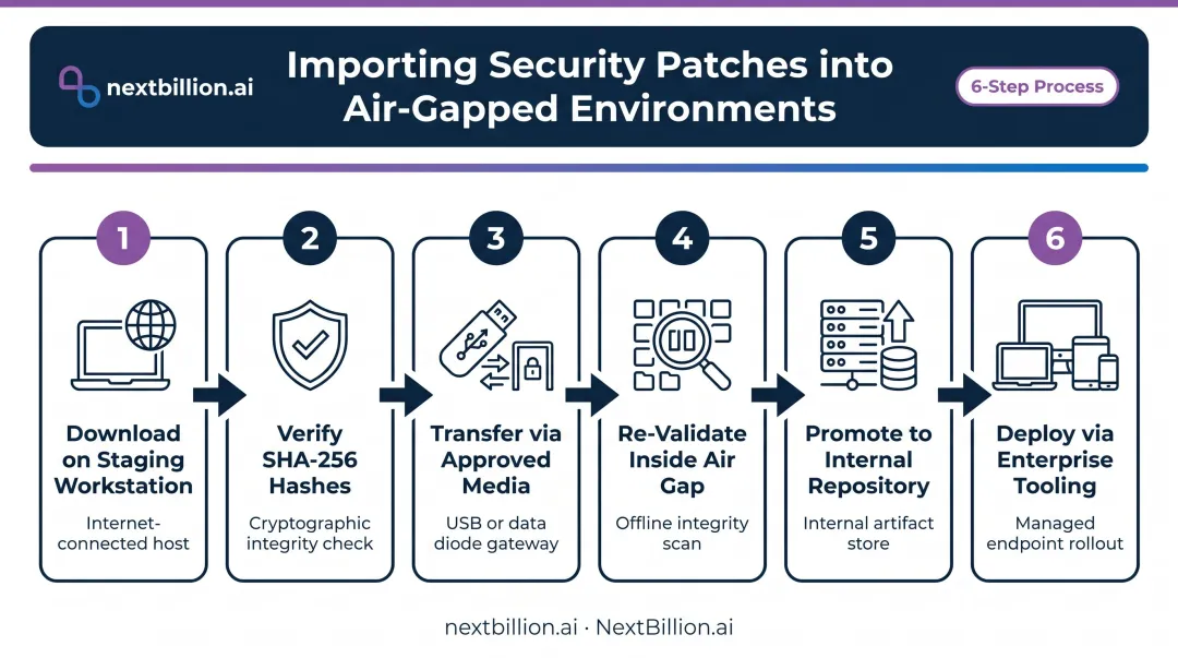 6-step security patch transfer process into air-gapped environment cycle infographic