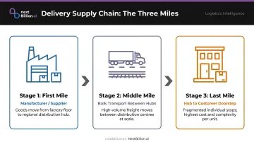 Three-stage supply chain flow from first mile to last mile delivery