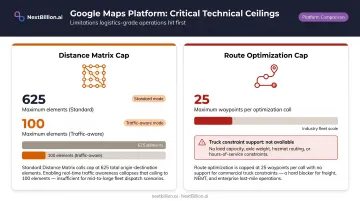 Google Maps Platform Distance Matrix and route optimization hard limits comparison infographic