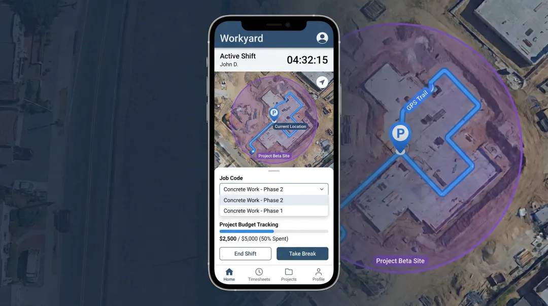 Workyard GPS field crew time tracking mobile app dashboard with job codes