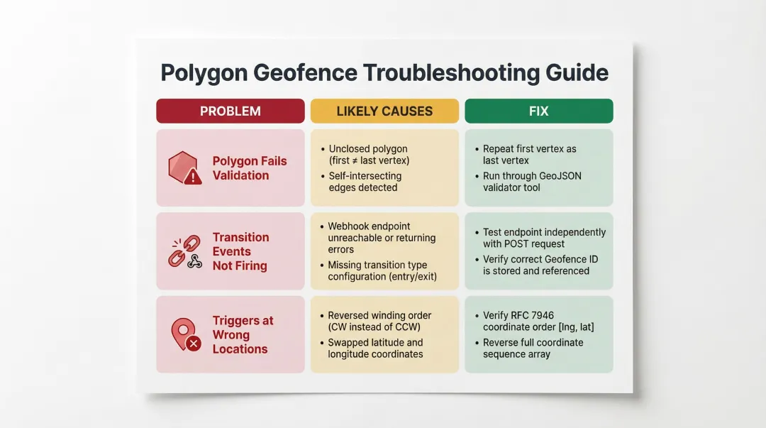Three common polygon geofence API failure modes causes and fixes infographic