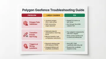 Three common polygon geofence API failure modes causes and fixes infographic
