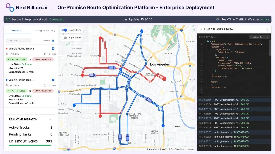 NextBillion.ai on-premise route optimization platform interface showing dispatch and routing data
