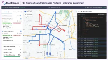 NextBillion.ai on-premise route optimization platform interface showing dispatch and routing data