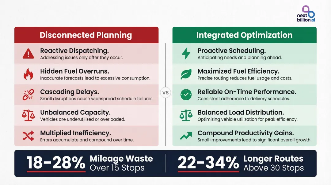 Manual route planning inefficiency versus optimized fleet routing performance comparison