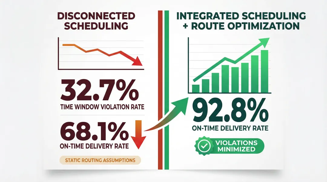 Delivery window on-time rate improvement from 68 percent to 92 percent with integrated scheduling