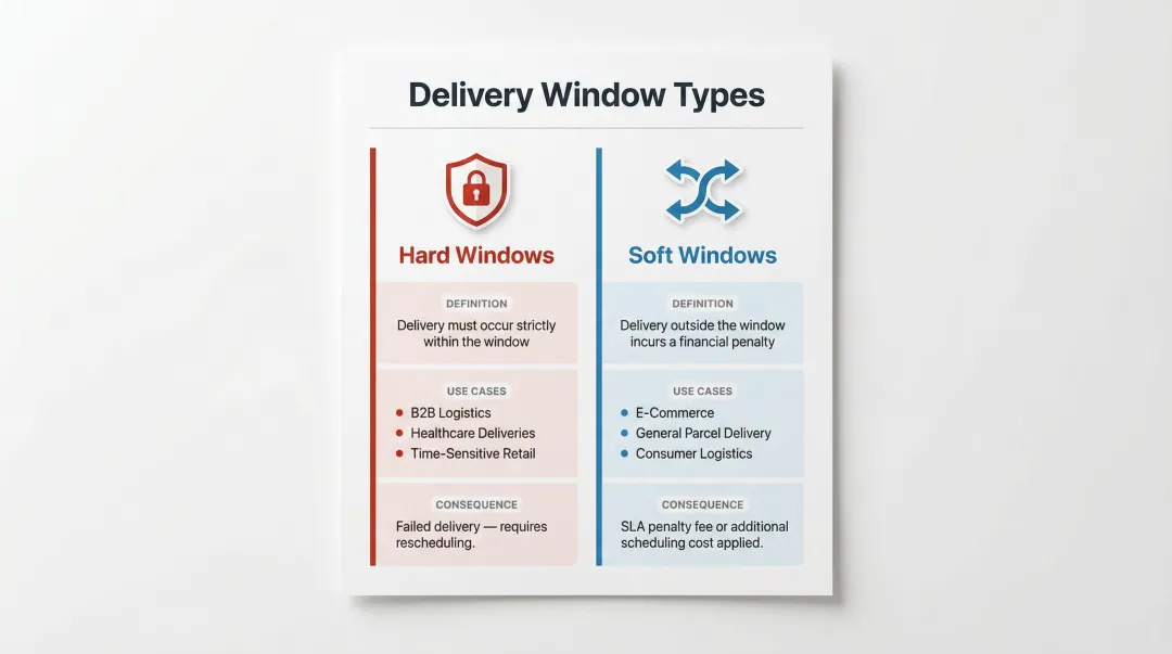 Hard versus soft delivery window comparison table with use cases and consequences
