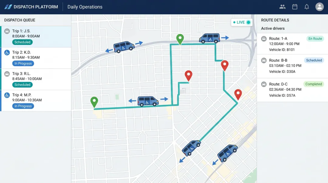 Paratransit scheduling software dashboard showing real-time GPS dispatch and route optimization