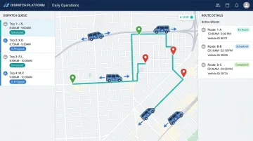 Paratransit scheduling software dashboard showing real-time GPS dispatch and route optimization