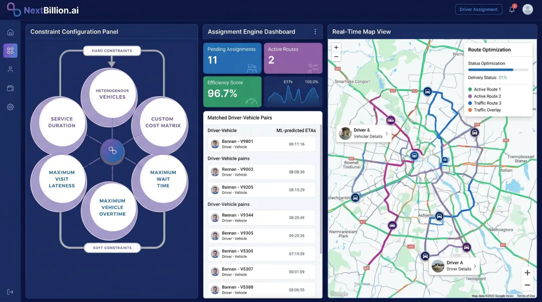 NextBillion.ai driver assignment platform interface showing route optimization and matching engine
