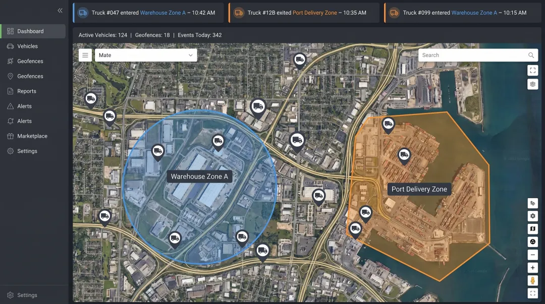Fleet management geofencing dashboard displaying multiple vehicle locations and boundary zones
