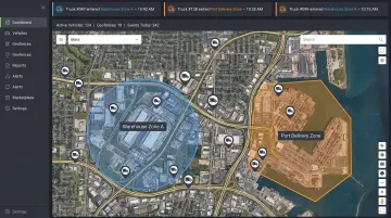 Fleet management geofencing dashboard displaying multiple vehicle locations and boundary zones