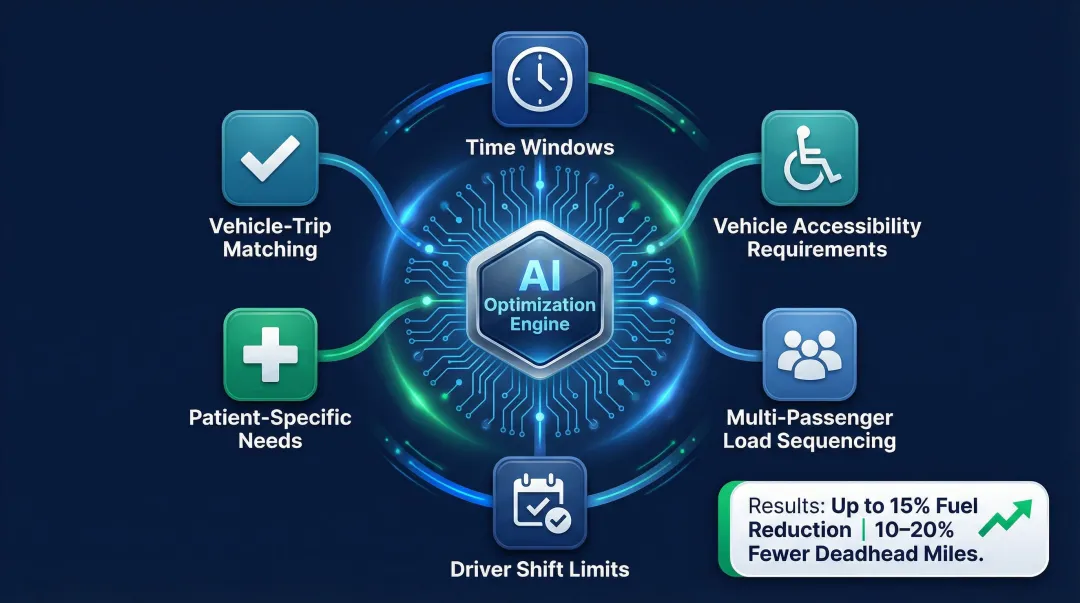 AI route optimization constraint layers for NEMT fleet dispatch decision engine