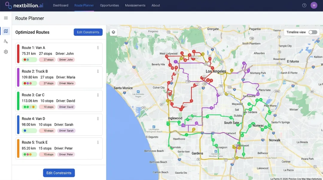 NextBillion.ai route optimization dashboard displaying multi-constraint fleet routing interface