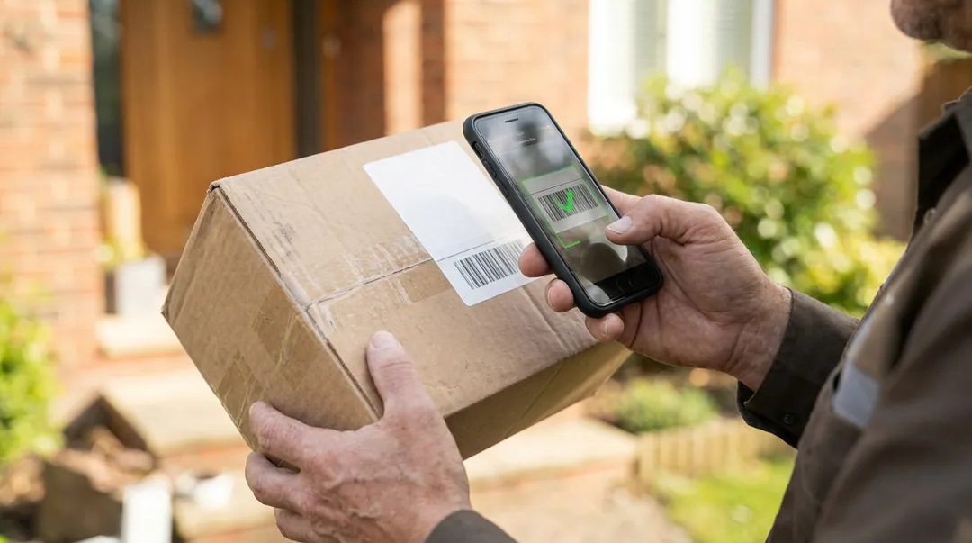 Last-mile delivery driver scanning barcode package at customer doorstep with mobile app