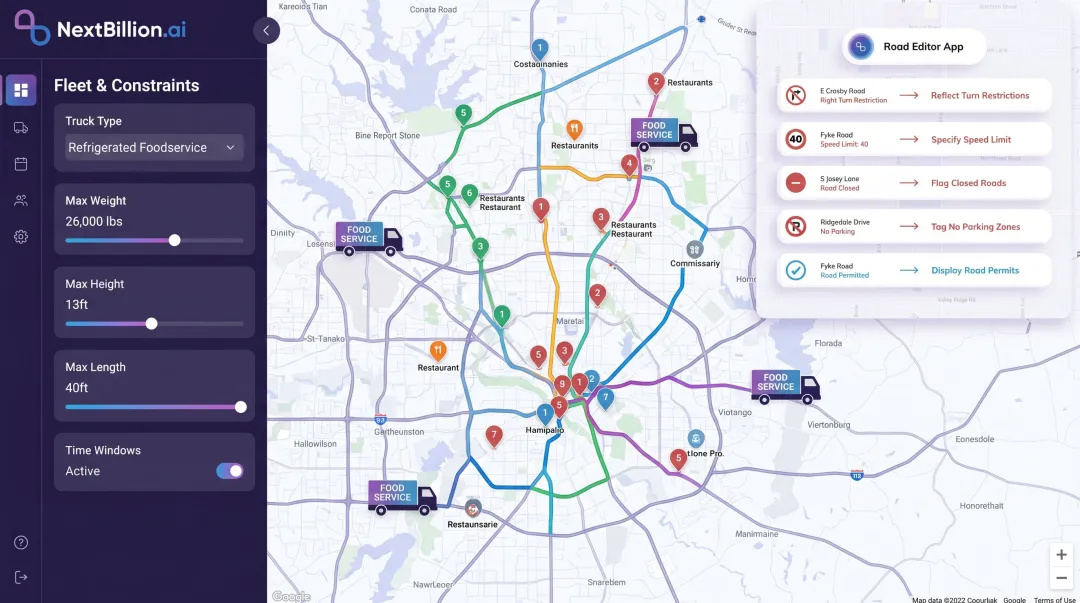 NextBillion.ai route optimization dashboard displaying multi-stop truck routing constraints