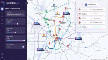 NextBillion.ai route optimization dashboard displaying multi-stop truck routing constraints