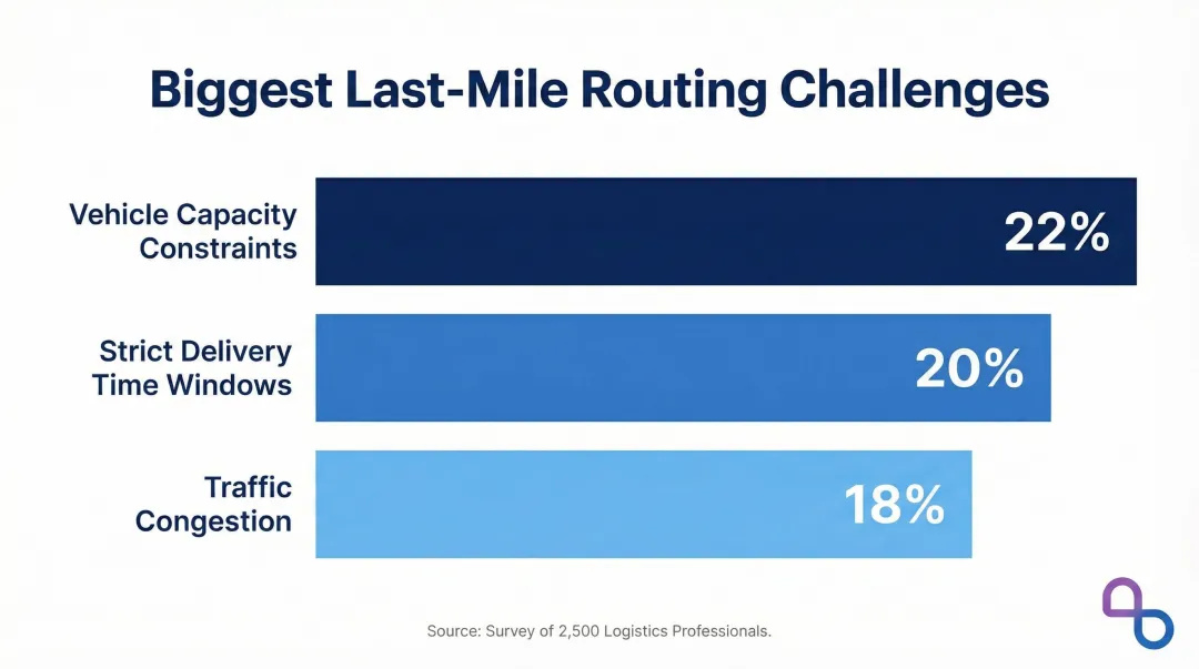Top three last-mile delivery constraint challenges by percentage from logistics survey