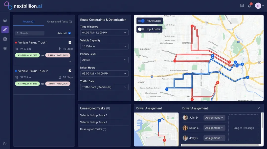 NextBillion.ai route optimization dashboard displaying multi-constraint delivery route planning