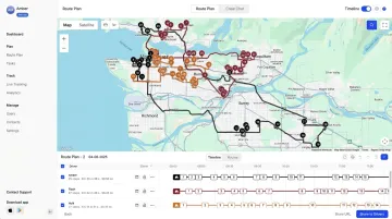 Routific route planning dashboard timeline view with multiple drivers and delivery stops