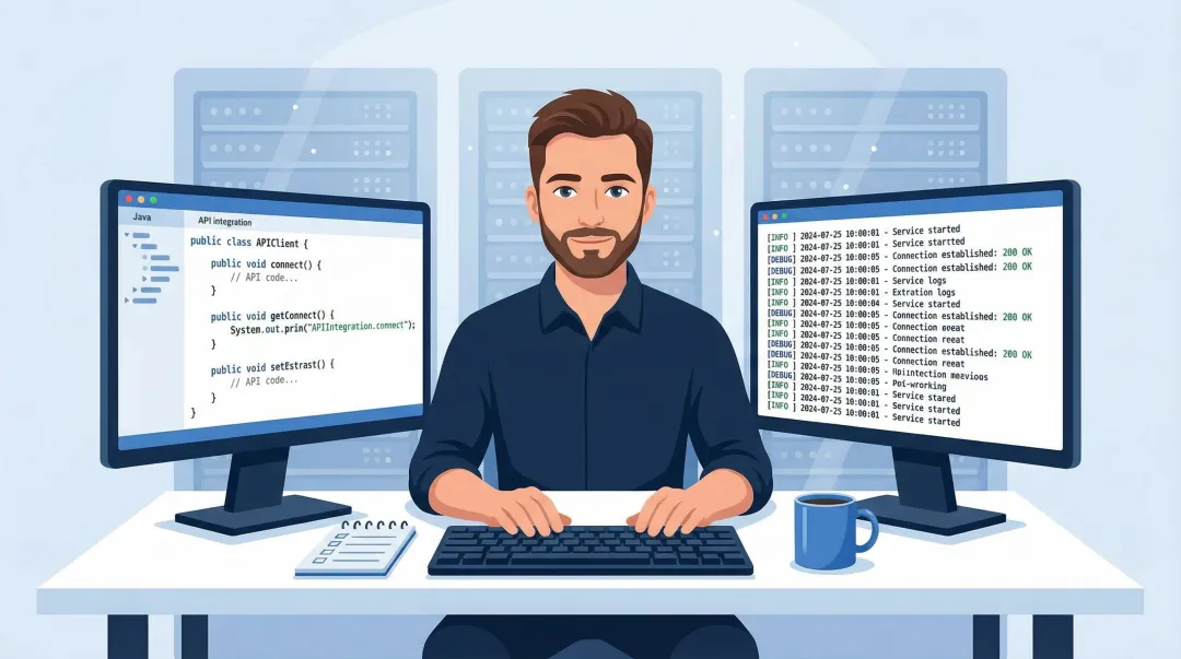 Backend developer reviewing route optimization SDK integration checklist on laptop in modern office