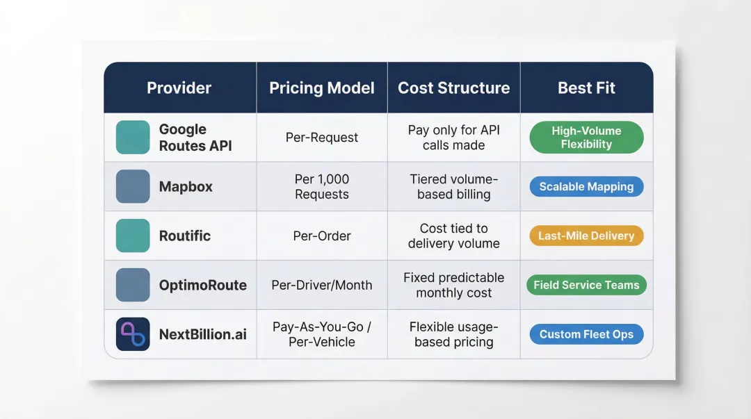 Route optimization provider pricing model comparison table for five platforms