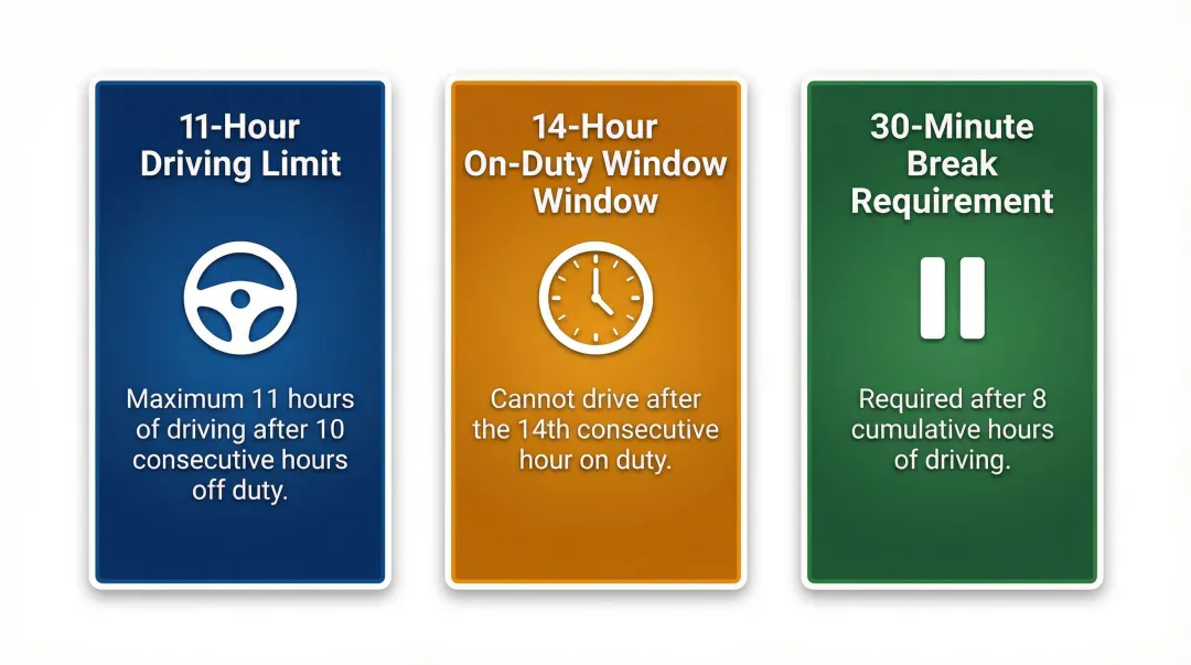 FMCSA Hours of Service three core driving rules compliance infographic